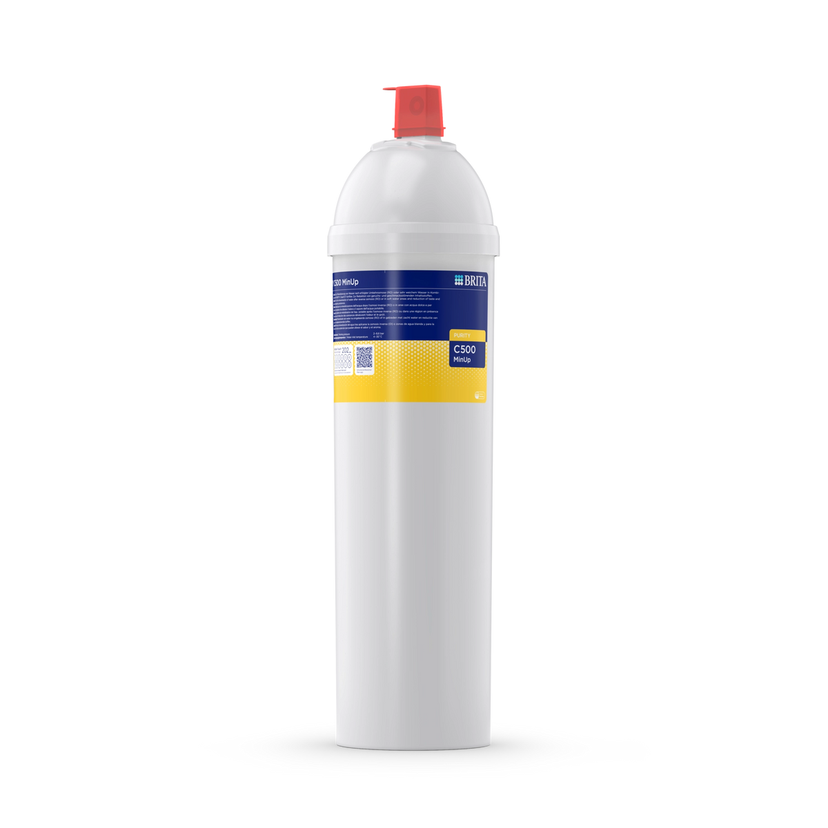 Vooraanzicht van BRITA PURITY C500 MinUp-filterpatroon met witte behuizing, blauw-geel etiket en rode dop