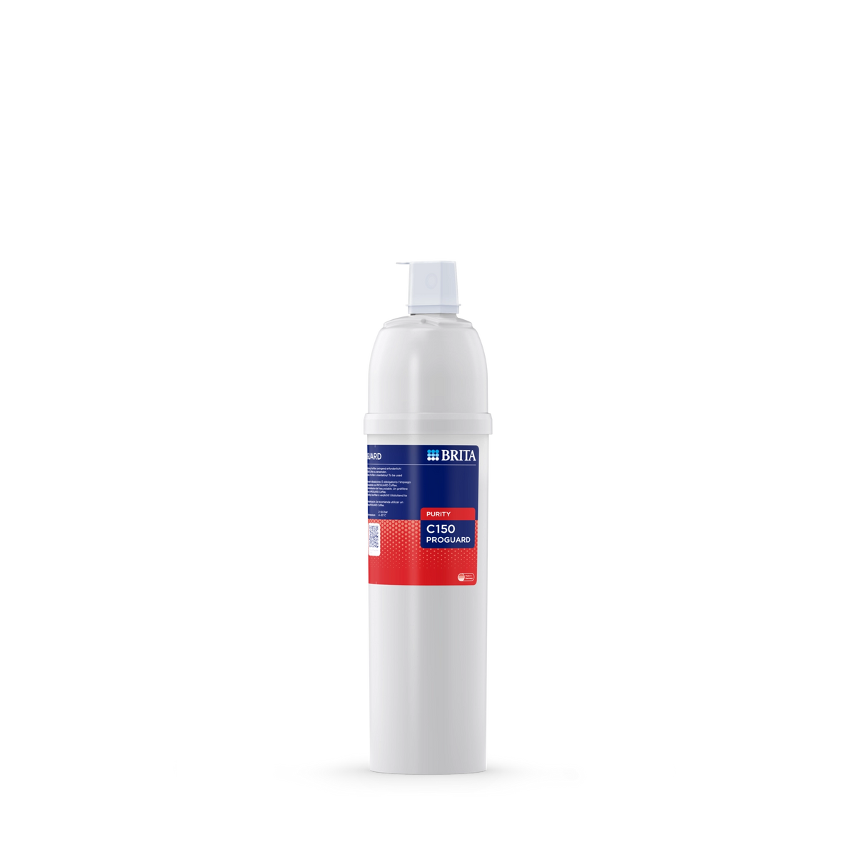 Vue de face de cartouche filtre BRITA PURITY C150 PROGUARD, avec un boîtier blanc et une étiquette bleue et rouge