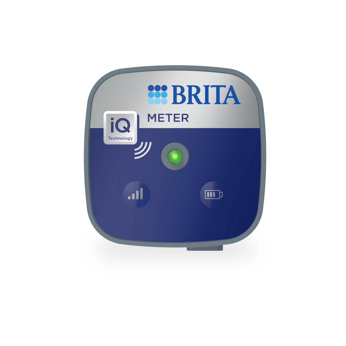 BRITA iQ Meter-communicatie-eenheid met blauw voorpaneel en LED-indicator voor professionele waterfiltratiesystemen.
