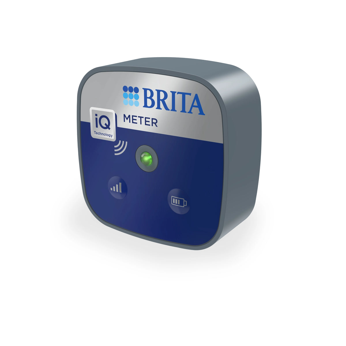 BRITA iQ Meter-communicatie-eenheid met blauw voorpaneel en LED-indicator voor professionele waterfiltratiesystemen.