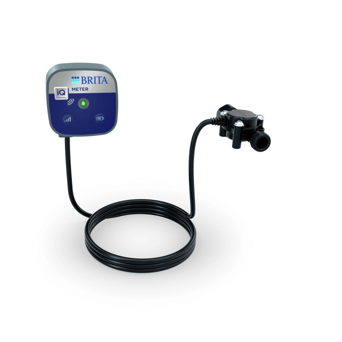 BRITA iQ Meter-apparaat met blauw voorpaneel, LED-indicator, aangesloten kabel en debietsensor voor professionele waterfiltratiesystemen.